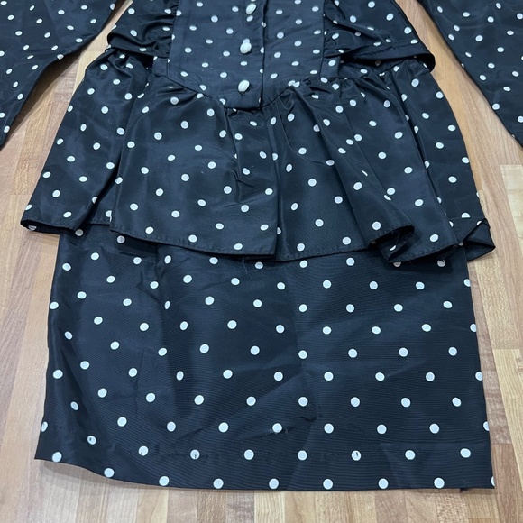 Vintage 80s Jazz Kids Black & White Polka Dot Dress Peplum Bow Puff Sleeve Size - Picture 5 of 12
